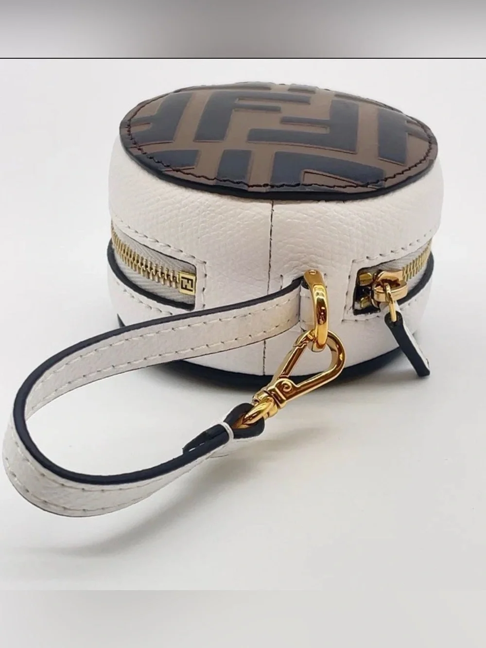 NEW Fendi White Leather Round Coin Case with Brown & Black FF Motif